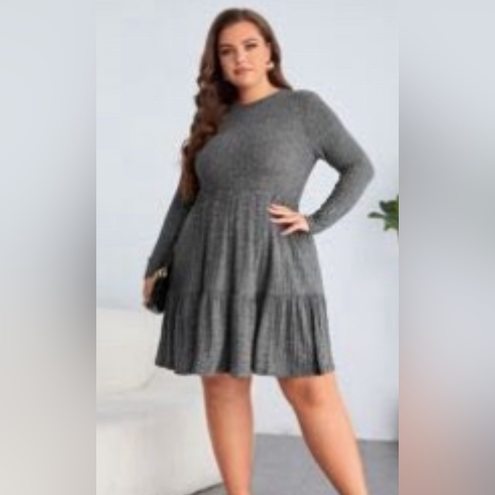 2xl/ 16 Gray SHEIN long sleeve, ruffle hem, ribbed knit dress